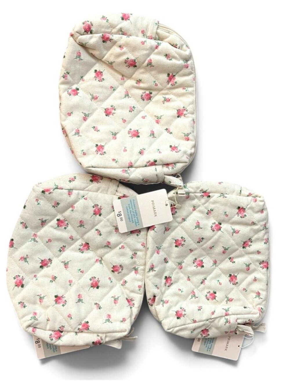 Primark Large Quilted Light Pink Roses Cosmetic Pouch Makeup Bag Lot of 3 NWT